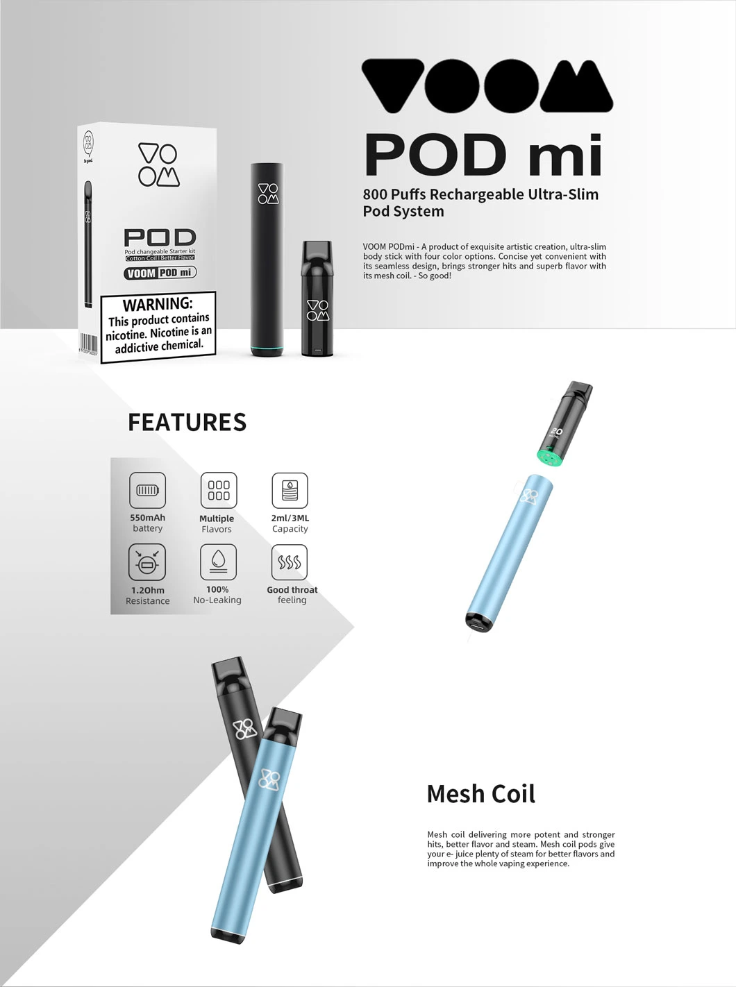 Voom Pod Mi 800 Puff E-Cig E Cig Vaper Ecigarette Nicotine Free E Cigarettes Vaporizer Pen Disposable Products