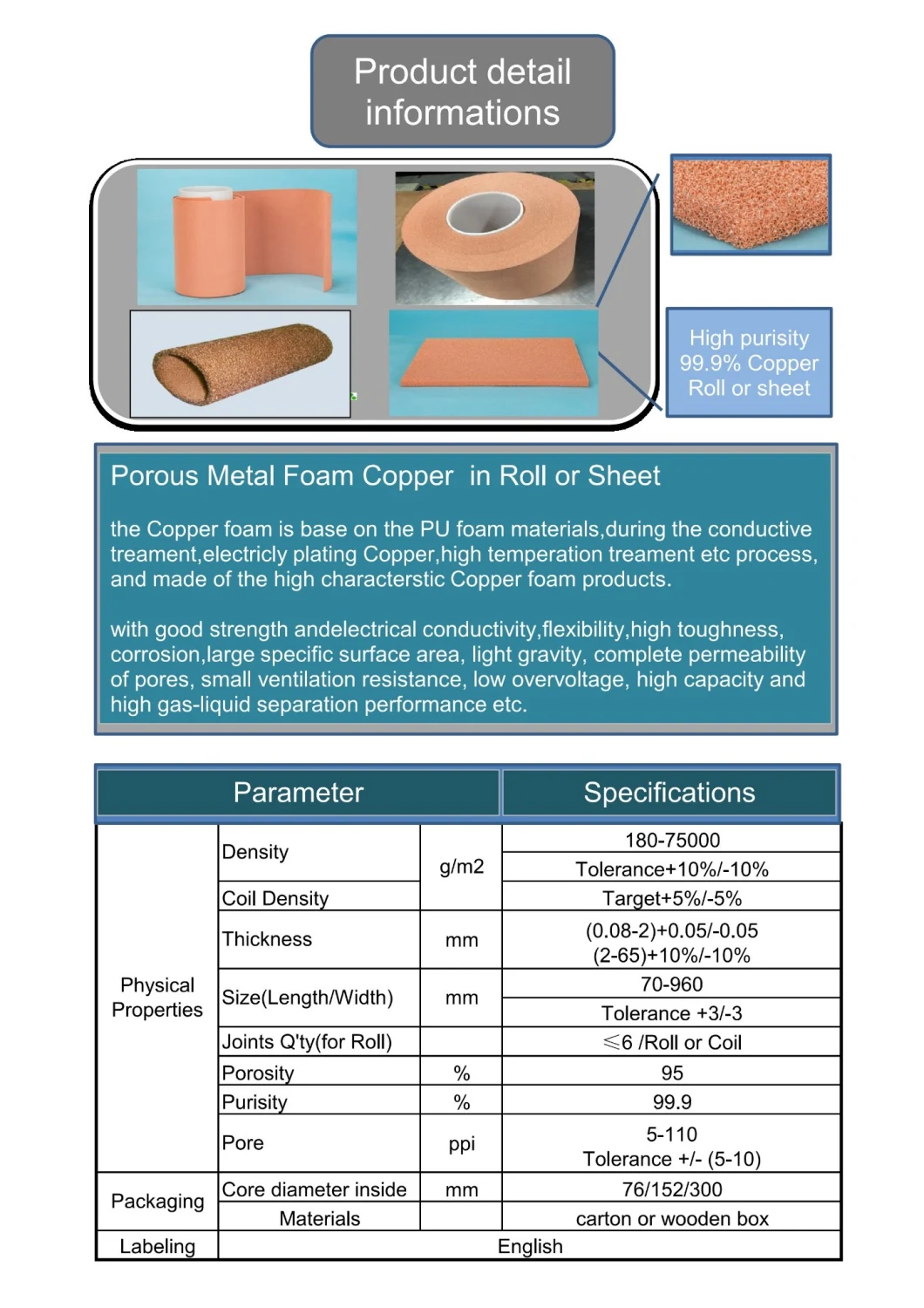 Roll Porous Metal Copper Foam/Cu Foam with T1.0mm